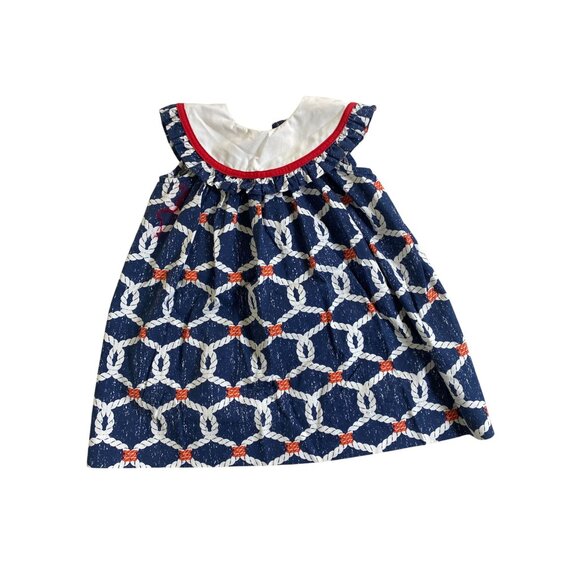 La Za Me Nautical Rope Print Baby Dress size 12 Month Sleeveless White Collar - Picture 15 of 15